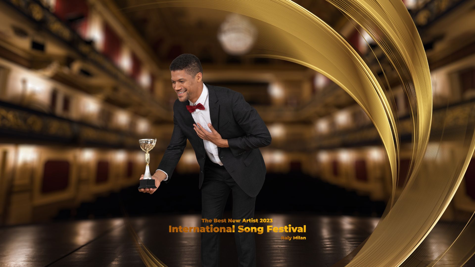 Hombre moreno con premio recibiendo elogios por ser el ganador de la final nacional del International Song Festival 2024 Italy Milan